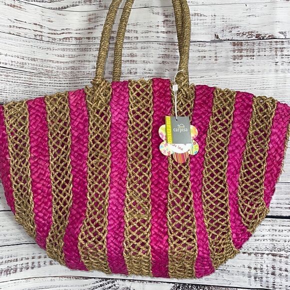 Carpisa Beach Tote straw rattan Striped large Bag New Vacation Resort Pool - Picture 2 of 10